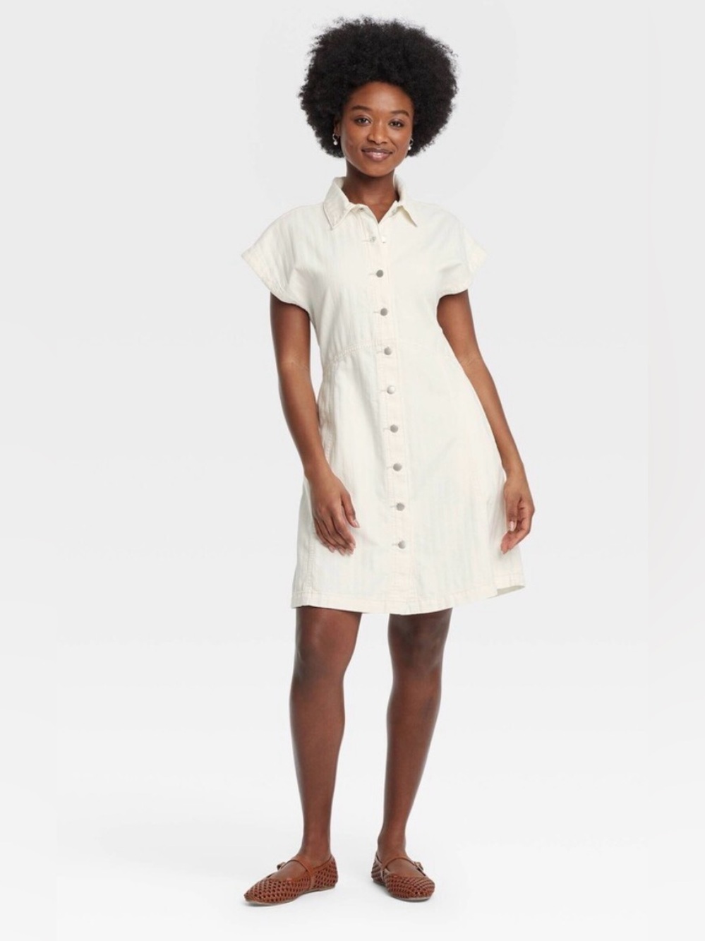 Universal Thread Cream Button-Front Shirt Dress- denim